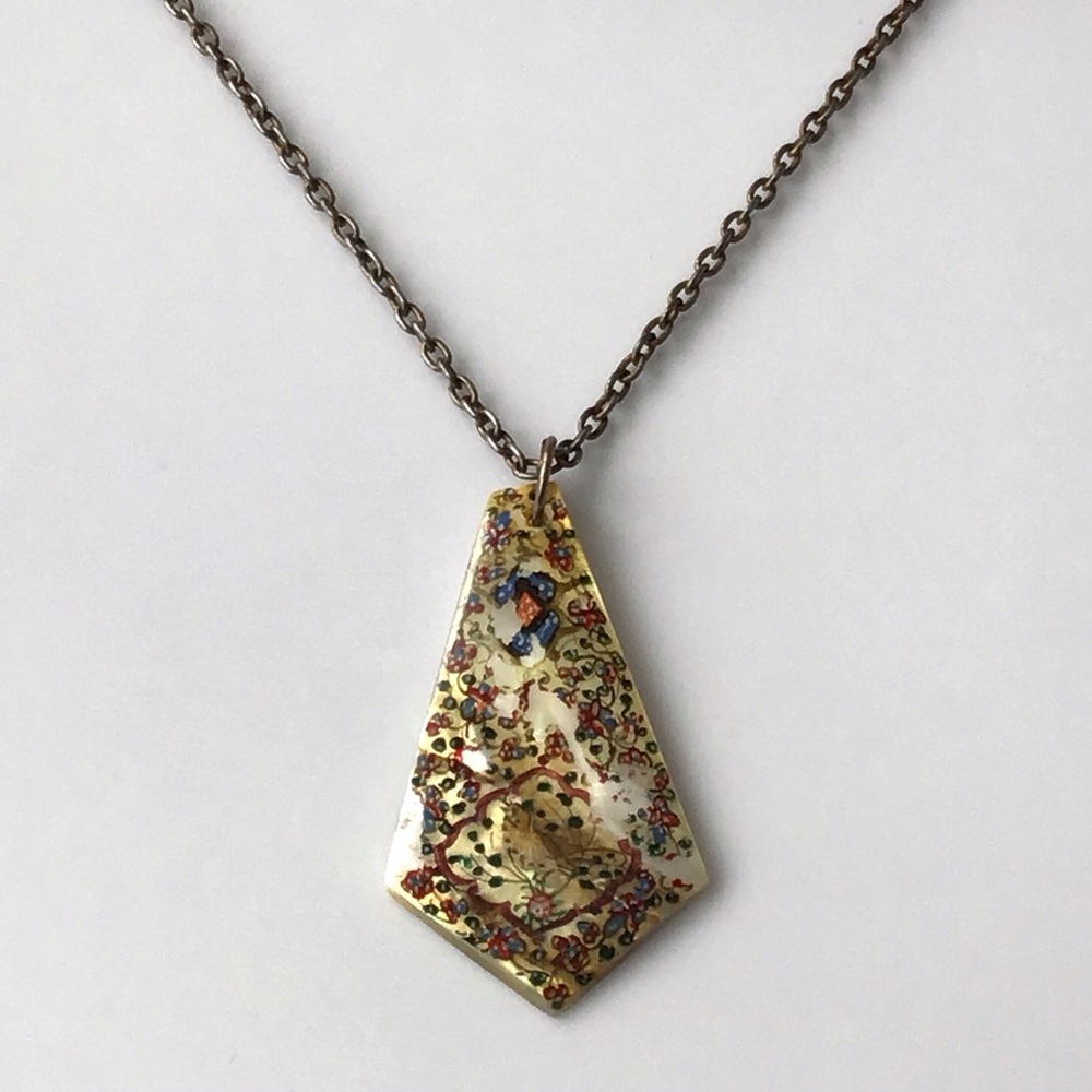 Vintage Intricate Eastern Design Hand Painted on Mother of Pearl Persian Pendant